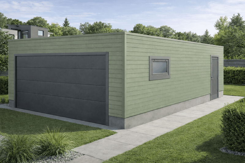 Dobbelgarasje 6,2 x 7,8 m – Funkis med flatt tak, ferdige elementer