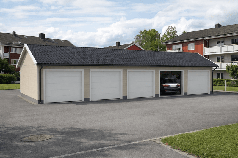 Fleksibel rekkegarasje – 3 meter plasser med saltak og innvendige skillevegger