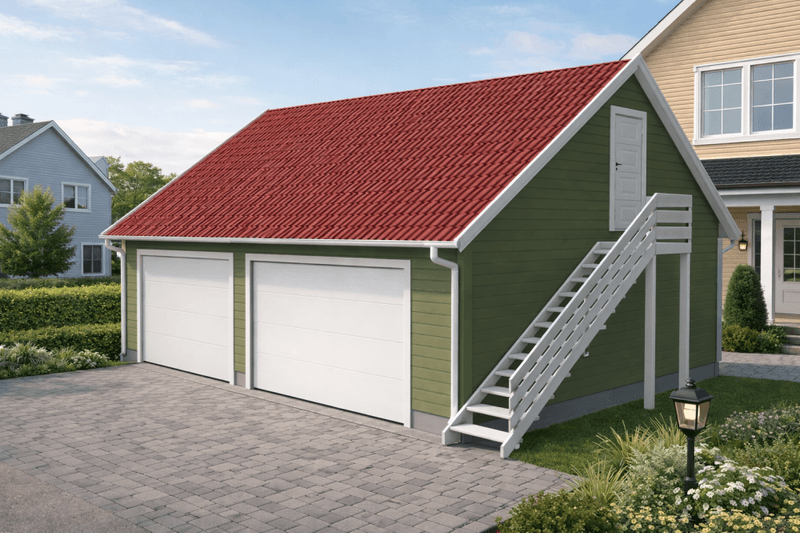 Dobbelgarasje 6,2 × 7,8 m – 36° saltak med loft og innkjøring på langside, ferdige elementer
